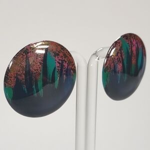 Vintage Hand Painted Circle Enamel Pierced Ear Earrings